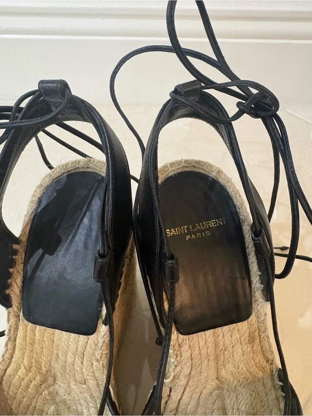 Saint Laurent (YSL) Black Leather Closed Toe Espadrille Wedge Sandals (Size 38)